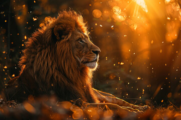 A lion in forest with sunset view 