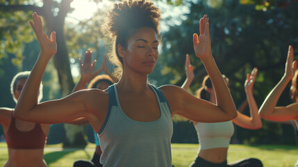 Fit black african woman with eyes closed practices yoga in a peaceful outdoor setting, along with a group, seeking relaxation and physical well-being.