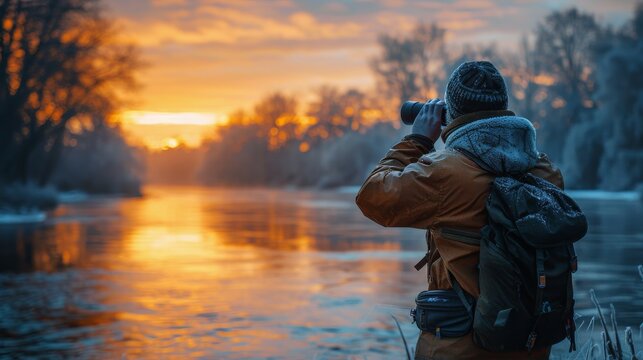 Man Taking Picture Next to River