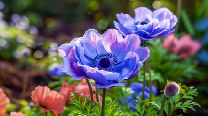 Purple anemones (Anemone coronaria, Windflowers) spring flowers in the park. Floral blurred background with bokeh. Selective focus. Generative AI.