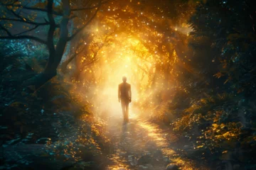 Abwaschbare Fototapete A man with Beautiful glimmering light guiding the path of dreams foot path through a fairy tale woodland leading to a bright eternal light, dream world surrealism © Aqsa