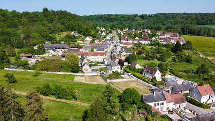 Aerial view of the countryside of Picardie over the rural village of Septmonts in Aisne, in the North of France