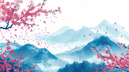 Sakura in blossom and blue mountains on white background. Generative Ai