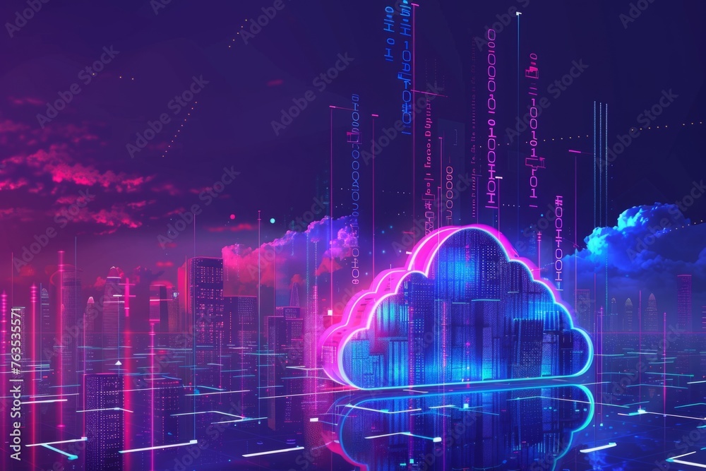 Poster cloud technology banner with cityscape and binary code low poly wireframe style design for online se