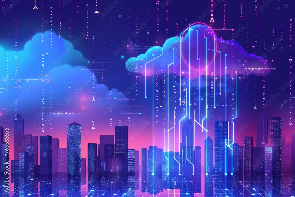 Poster digital cloud technology concept with cityscape and binary code on dark blue background for web bann