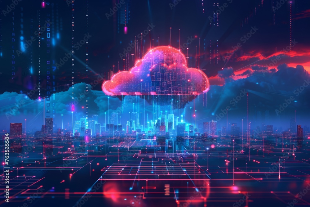 Poster cloud technology banner with low poly cityscape and binary code on dark blue background big data vis