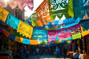 Colorful papel picado hanging at street. Cinco De Mayo celebration. Mexican culture concept. Design for banner, poster 