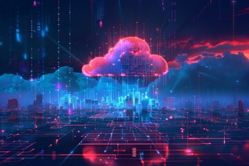 Plakaty  cloud technology banner with low poly cityscape and binary code on dark blue background big data visualization concept with polygonal clouds Generative AI