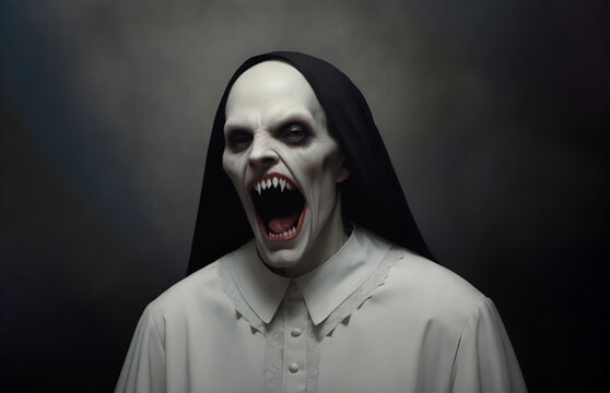 Spooky nun. Creepy bald female vampire with sharp teeth and victorian attire