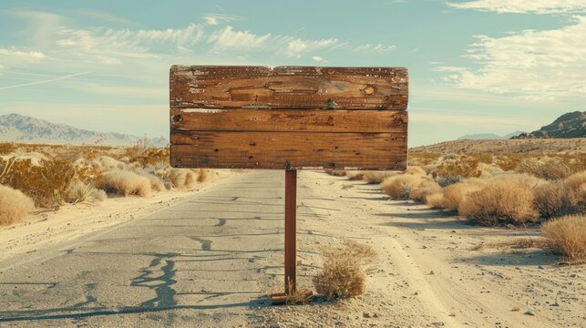 A sign is on a post in the desert. The sign is wooden and has no writing on it