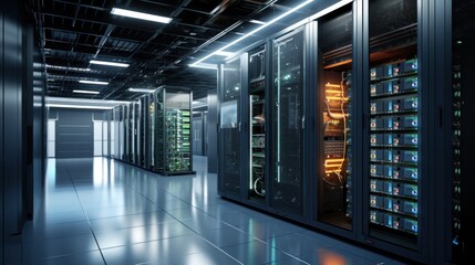 Depict a state of the art data center with rows of server racks, cooling systems, and redundant power supplies