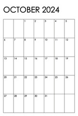 October 2024 month vertical calendar. Simple black and white design