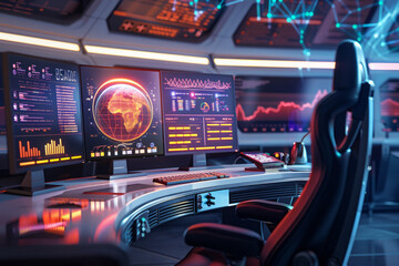 An advanced Space Technology Research Center with holographic projections showcasing spaceship graphics and charts. Perfect for futuristic technology concepts - obrazy, fototapety, plakaty