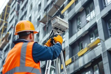 CCTV Surveillance System Installer Setting Up Security Camera