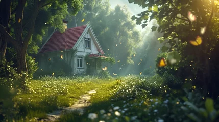 Keuken spatwand met foto a house in the middle of a forest © progressman