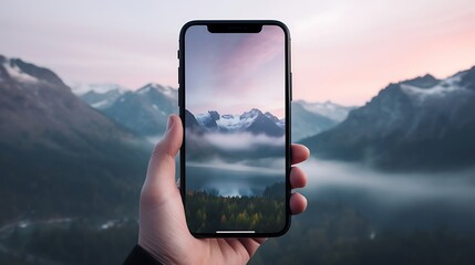 Mountain Majesty: A Hand Holding a Smartphone, Presenting a Captivating View of Towering Peaks