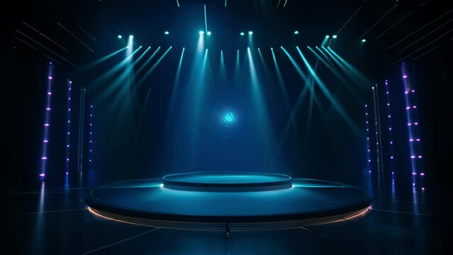 Gleaming glowing green emerald golden stage set on a dark backdrop with sparkling lights ready for an upcoming event. Festive ceremony concept