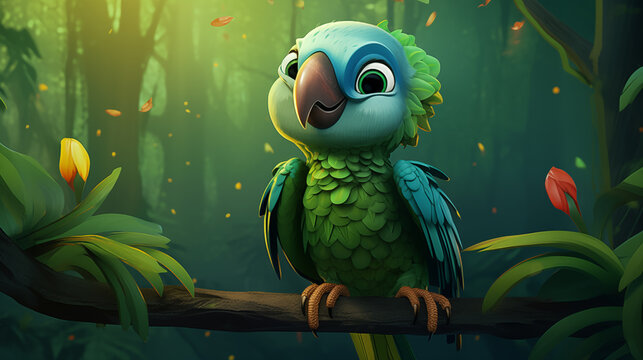 Papagaio Verde na floresta - Ilustração Infantil