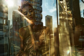 Fototapeta na wymiar Fashion photography of a fashion model wearing a metallic dress