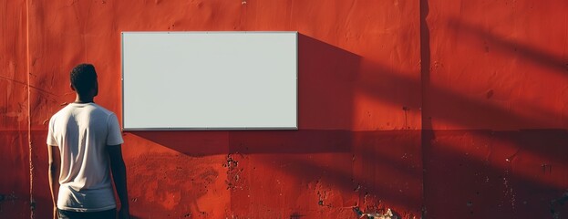 a man standing in front of a red wall with a white board on it's side - 763537302