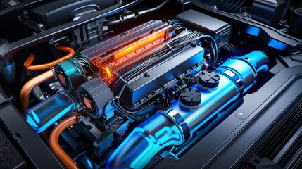 a car engine with a bright light coming from it's side