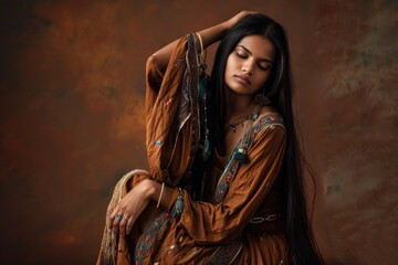 award winning photograph of an Indian woman with long dark hair wearing brown boho dress - obrazy, fototapety, plakaty