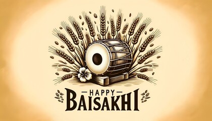 Sketchy style illustration of baisakhi greeting card with a dhol and wheat sheaves.