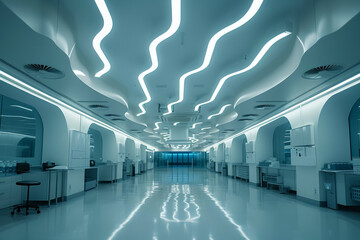 A medical laboratory with an abstract floor design, the tiles arranged in a mesmerizing pattern...
