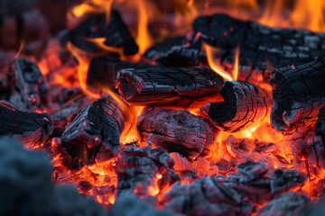 A close-up view of a campfire showing the detailed textures of burning wood and glowing coals...