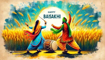 Illustration for the celebration of baisakhi with man and woman in traditional attire dancing joyfully. - obrazy, fototapety, plakaty