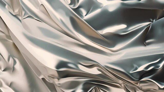 A crumpled textured sheet of silver foil dynamically moving creating a rich abstract pattern background. Shining sparkling glowing macro shot