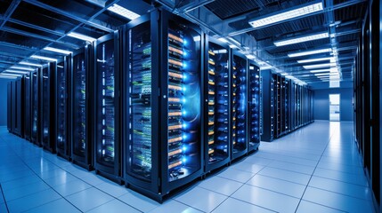 Depict a state of the art data center with rows of server racks, cooling systems, and redundant power supplies