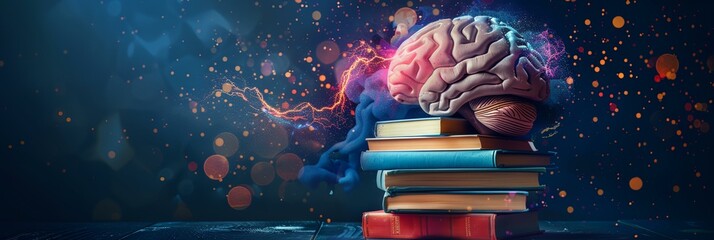 a brain on top of a stack of books - obrazy, fototapety, plakaty