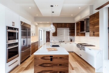 Modern white minimalist interior design with kitchen sofa wooden floor wall panels and marble kitchen island generative ai