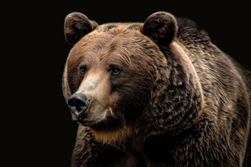 A large brown bear with a black nose and brown eyes