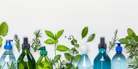 Set of eco-friendly cleaning tools on white background with green plant. Concept of spring cleaning services with copy space - Powered by Adobe