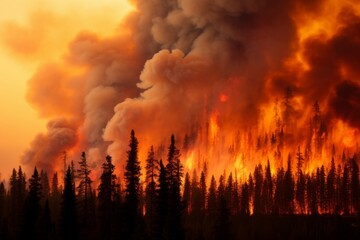 Aerial photography of forest soil in an emergency situation during a severe fire