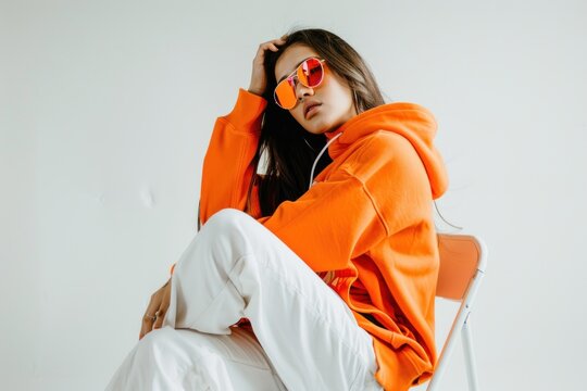 A beautiful woman wearing an orange hoodie and white pants sits on the side of her chair
