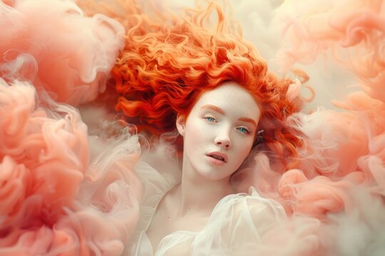 A beautiful red haired woman with flying curly long orange hair and blue eyes