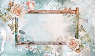 Wooden frame and watercolor roses. blue and pink background, space for text