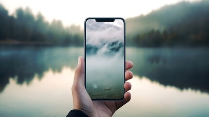 Riverside Reverie: A Hand Holds a Smartphone Screen, Displaying the Tranquil Beauty of a Majestic River Meandering Through Verdant Landscapes - obrazy, fototapety, plakaty