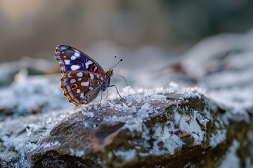 A lesser purple emperor butterfly on a frost-covered stone early in the morning. The chill in the...