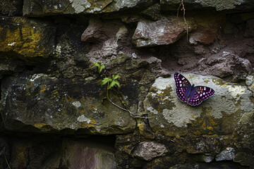 A lesser purple emperor butterfly on an ancient stone wall, its history adding depth to the image....