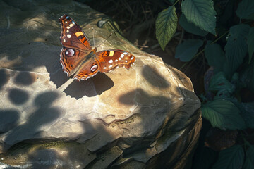 A lesser purple emperor butterfly on a sunlit stone, with shadows of leaves dancing around it. The...