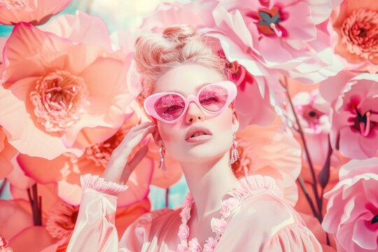 A fashion photo of a blonde model with big pink sunglasses