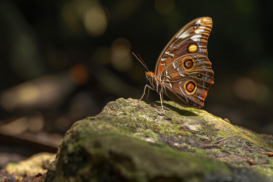 A lesser purple emperor butterfly on a rough stone, in the heart of a dense forest. The natural light barely reaching the butterfly creates a mystical atmosphere.