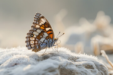 A lesser purple emperor butterfly on a frost-covered stone early in the morning. The chill in the...