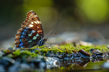 A lesser purple emperor butterfly delicately perched on a moss-covered stone, sipping water from a...