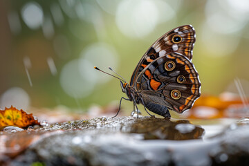 A lesser purple emperor butterfly on a wet stone after a rainstorm, the fresh environment...