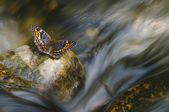 A lesser purple emperor butterfly on a granite stone in the middle of a babbling brook. The water's movement creates a dynamic background for the tranquil moment.